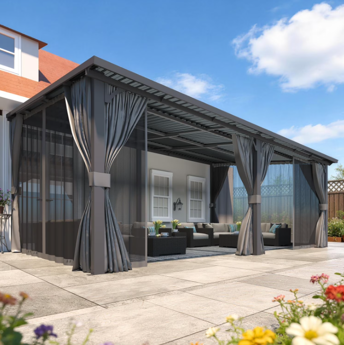 AECOJOY 20' x 12' Hardtop Patio Gazebo with Curtains and Netting, Wall Mounted Heavy Duty Outdoor Pergola on Clearance with Galvanized Steel Roof, Waterproof Metal Grill Gazebo for Backyard