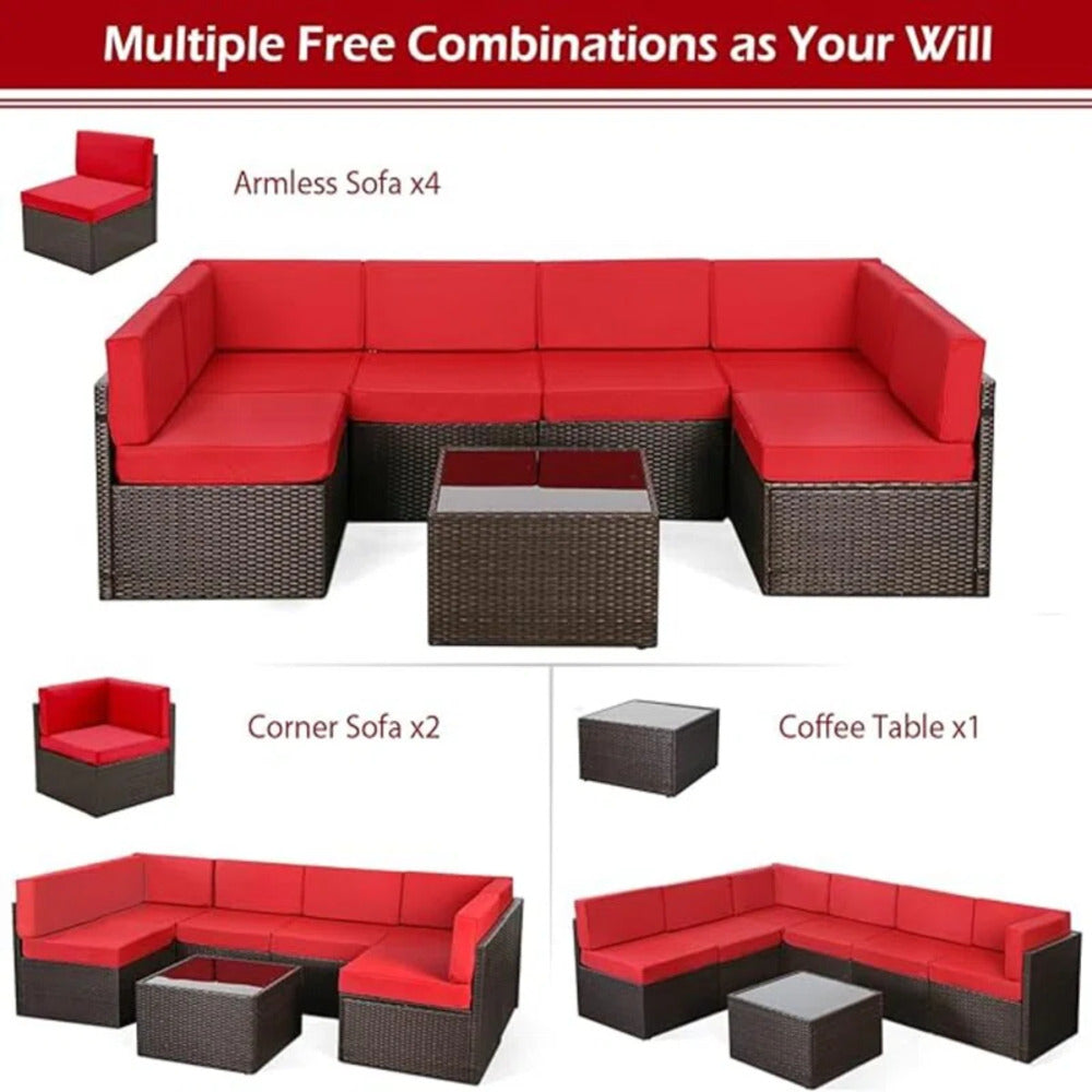 YODOLLA 7-Piece Patio Furniture Set with 30" Fire Pit Table, Rattan Wicker Outdoor Sectional Sofa Couch with Table Patio Conversation Set for Lawn& Backyard In Brown&Red