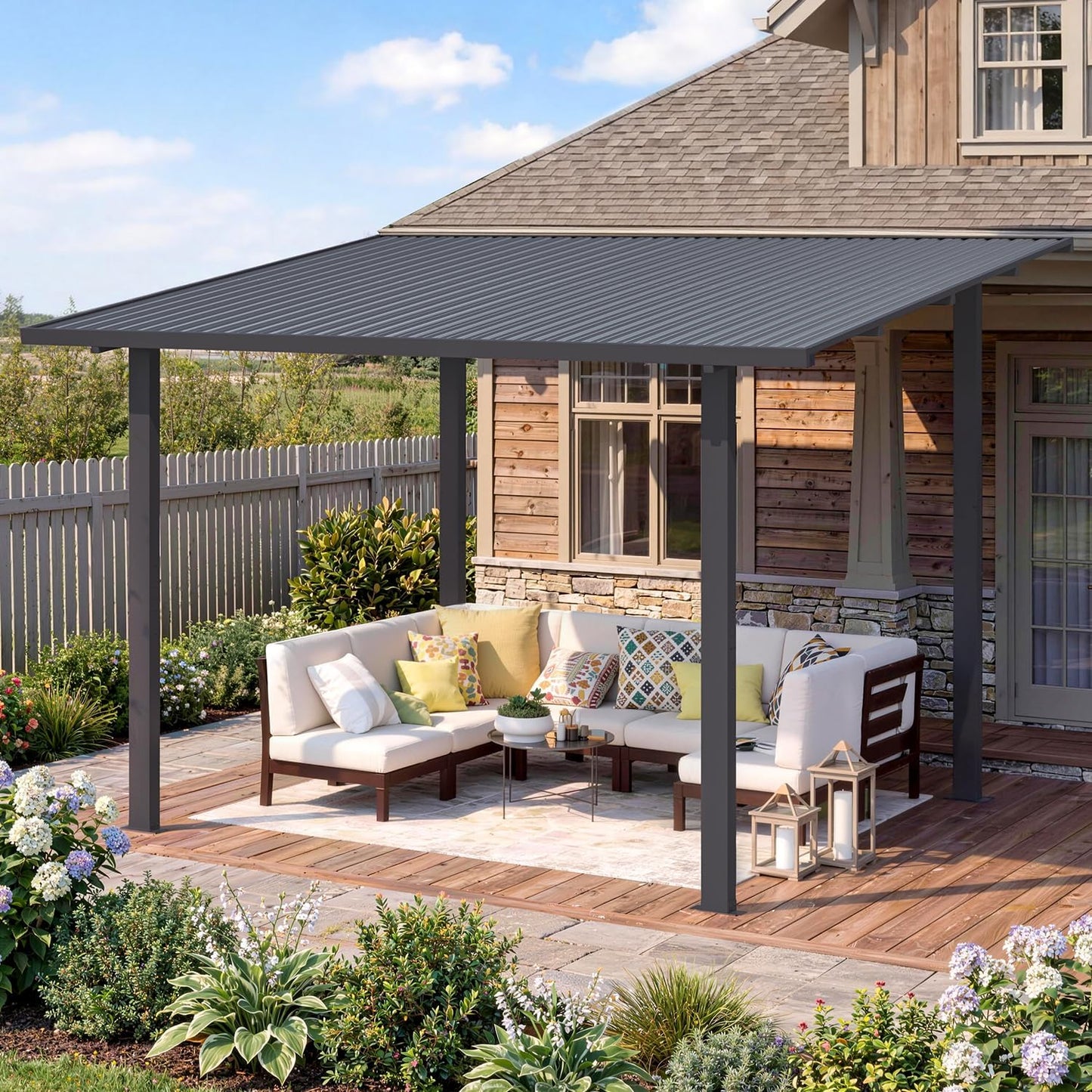 JFHID 12'x8' Heavy Duty Lean-to Gazebo, Galvanized Steel Wall-Mounted Hardtop Pergola for Patio Backyard Deck,Black
