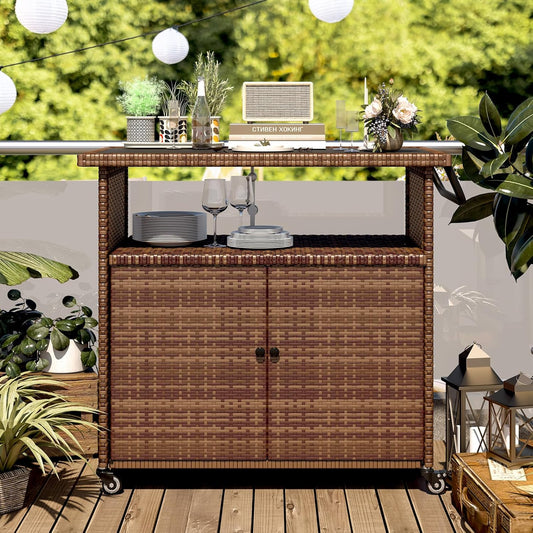 YODOLLA Outdoor Wicker Bar Table with Wheels & Shelf Patio Serving Table Outdoor Storage Cabinet, Brown