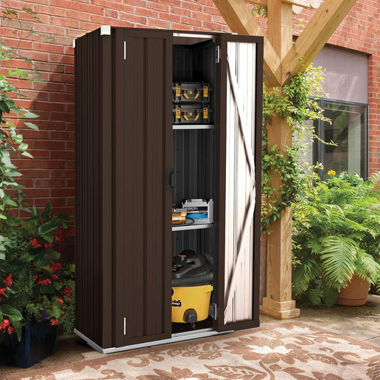 YODOLLA Outdoor Metal Storage Cabinet with Locking Doors and Adjustable Shelves for Home, Office,Garden(Brown)