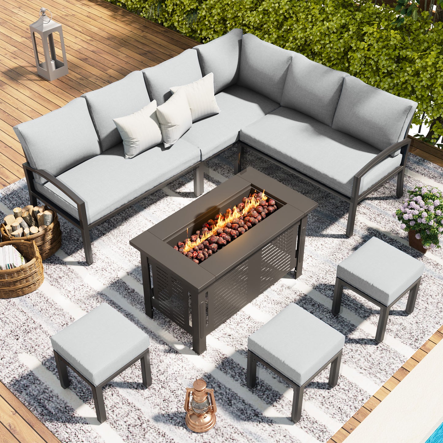 AECOJOY Patio Furniture Set with Fire Pit Table,Aluminum Outdoor Furniture Sets Clearance Metal Patio Sets on sale, Outdoor Conversation Sets, Light Grey