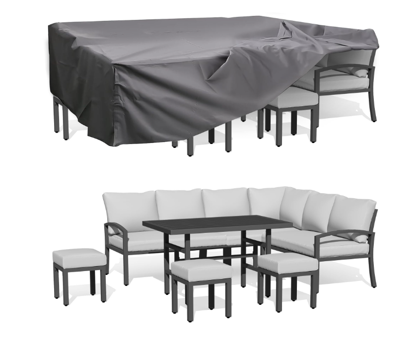YODOLLA 10 Pieces Metal Patio Furniture Sets with Waterproof Cover Outdoor Conversation Set with Dining Table and Chair, Light Grey