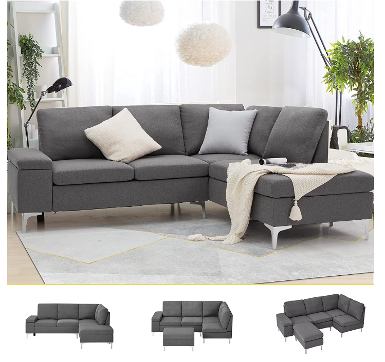 YODOLLA 85.5" Sectional Sofa with Armrest Storage, Right Facing Convertible Couch for Living Room, Gray