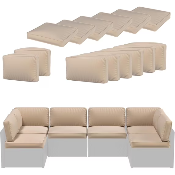 AECOJOY Patio Furniture Replacement Cushions for 7 PCS Outdoor Sectional Sofa, Zippered Washable Seat and Back Cushion Slipcovers, Beige