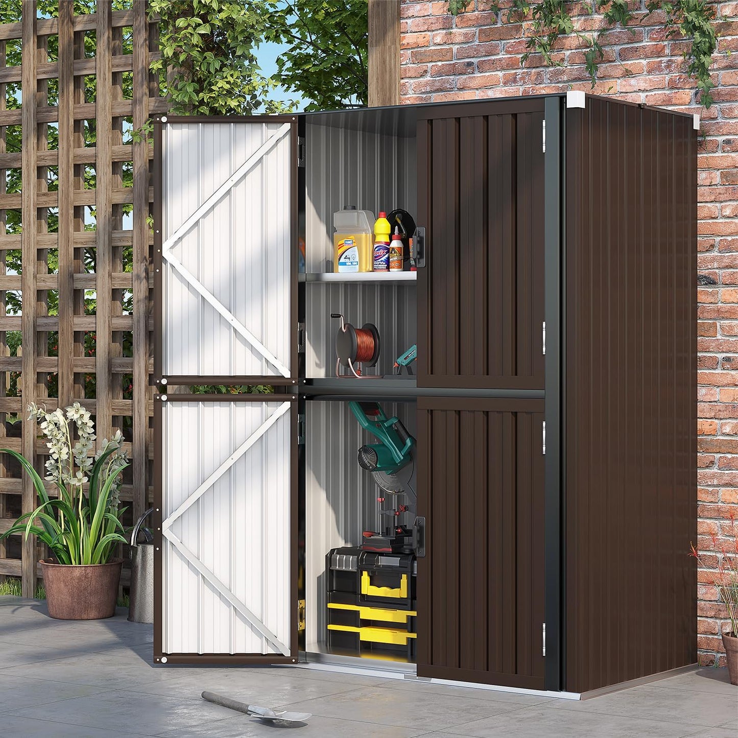 AECOJOY 46.4" Big Storage Cabinet Metal Organizer with Doors and Shelves for both Indoor/ Outdoor, Patio Storage Building for Outside& Garden in Brown