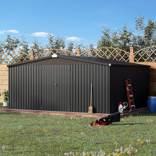 YODOLLA 14' x 12' Outdoor Storage Shed with Lockable Door Patio Metal Garden Storage Building in Dark Gray for Outside