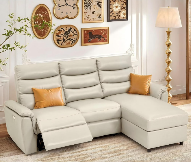 YODOLLA Leather Power Reclining Sofa Set, Reclining Sectional Couches with Storage Chaise, Adjustable Backrest & Footrest, L Shaped Pull Out Couch for Living Room Home Theater Apartment RV in Beige