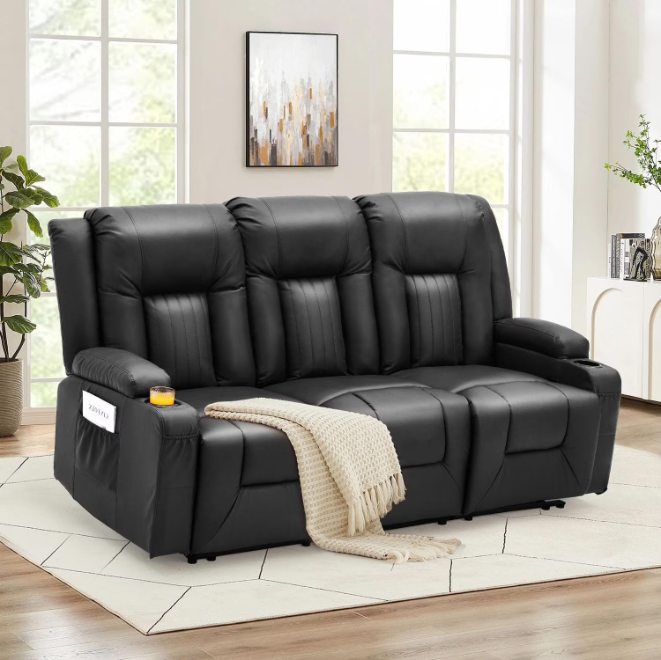YODOLLA Manual Reclining Sofa with Side Pockets& Cup Holders, PU Leather Home Theater Seating, 3 Seat Recliner Chair in Black