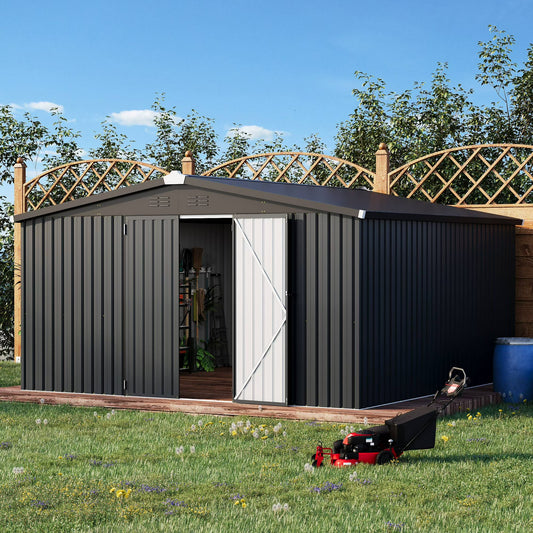 AECOJOY 12' x 12' Outdoor Storage Shed with Lockable Door Patio Metal Garden Storage Building in Dark Gray for Outside