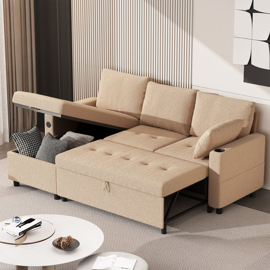 YODOLLA Teddy Velvet L Shaped Sofa Couch with Pull Out Bed Sectional Sleeper Sofa with Storage in Cama for Living Room with USB & Cup Holder in Brown