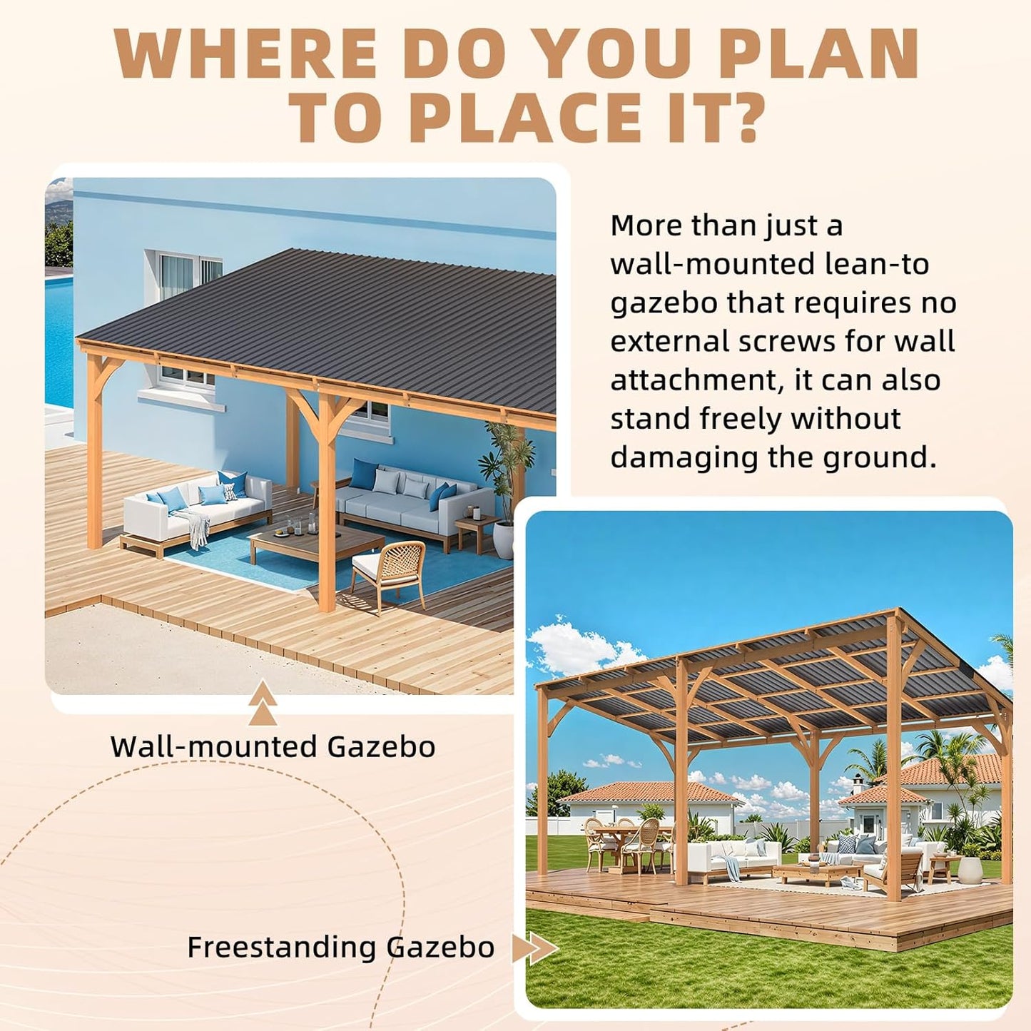 YODOLLA 20' x 10' Wall-Mounted Outdoor Wood Gazebo, Hardtop Cedar Pergola with Heavy-Duty Awnings for Patio, Deck, Backyard