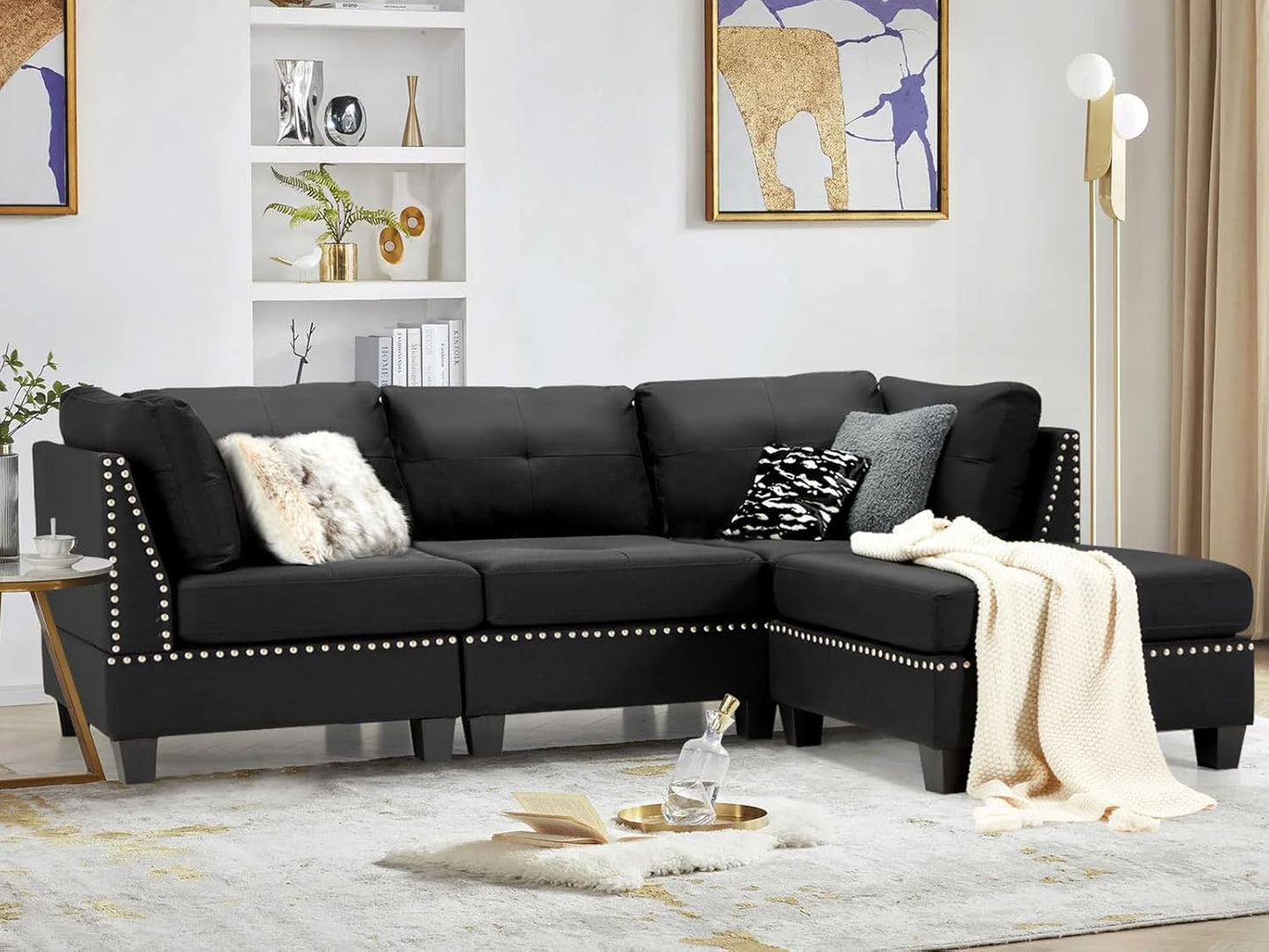 YODOLLA 88.6" Sectional Sofa with Ottoman, L Shape Tufted Living Room Couch with Chaise - Black