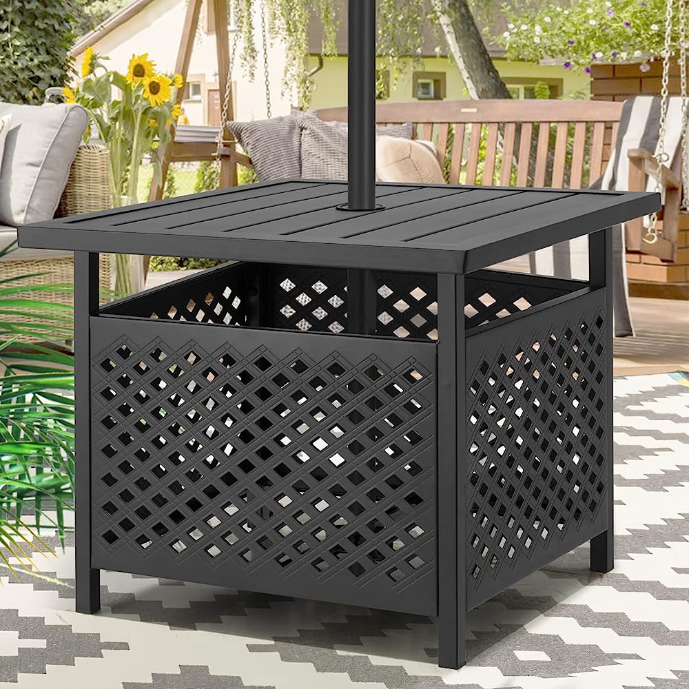 YODOLLA 22'' x 22'' Outdoor Umbrella Side Table Steel Stand with 1.58" Umbrella Hole, Umbrella Side Square Table for Deck, Pool, Garden, Black