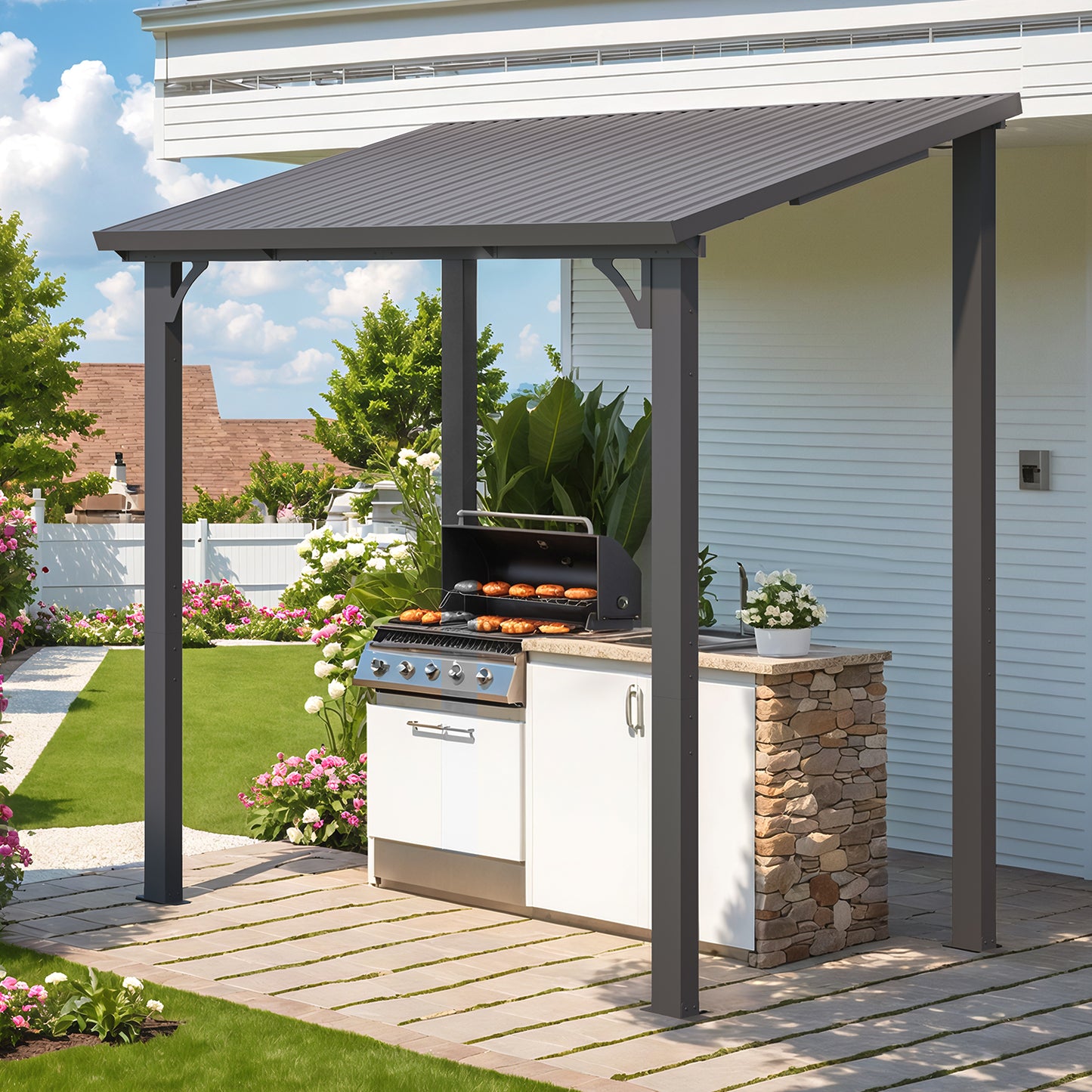 AECOJOY 5' x 8' Hardtop Patio Gazebo Wall Mounted, Heavy Duty Outdoor Pergola on Clearance with Galvanized Steel Roof, Waterproof Metal Grill Gazebo for Backyard
