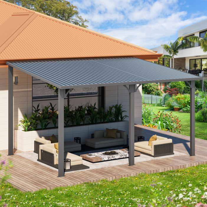 AECOJOY 10' x 14' Hardtop Patio Gazebo Wall Mounted, Heavy Duty Outdoor Pergola on Clearance with Galvanized Steel Roof, Waterproof Metal Grill Gazebo for Backyard