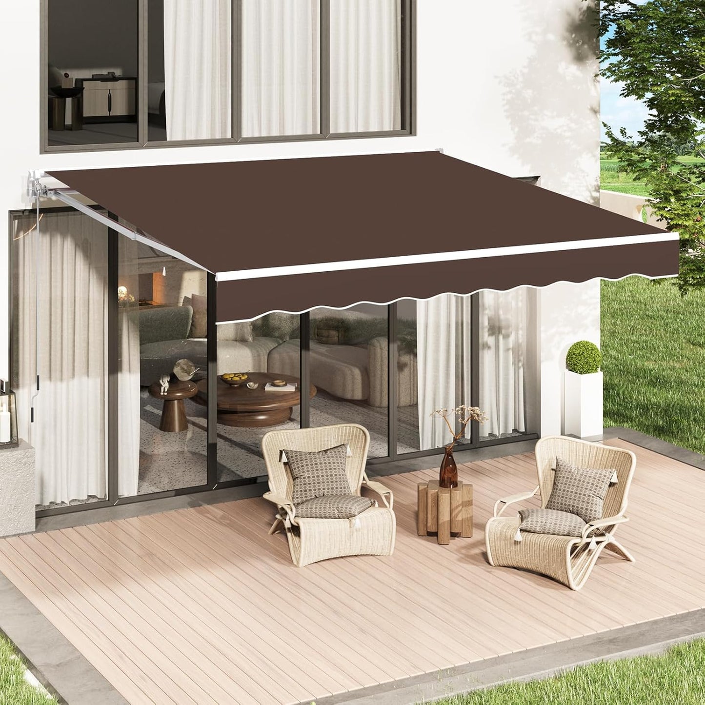 YODOLLA 10'×8' Manual Retractable Awning Sun Shade Patio Awning Cover Outdoor Patio Canopy Sunsetter Deck Awnings with Manual Crank Handle, Brown