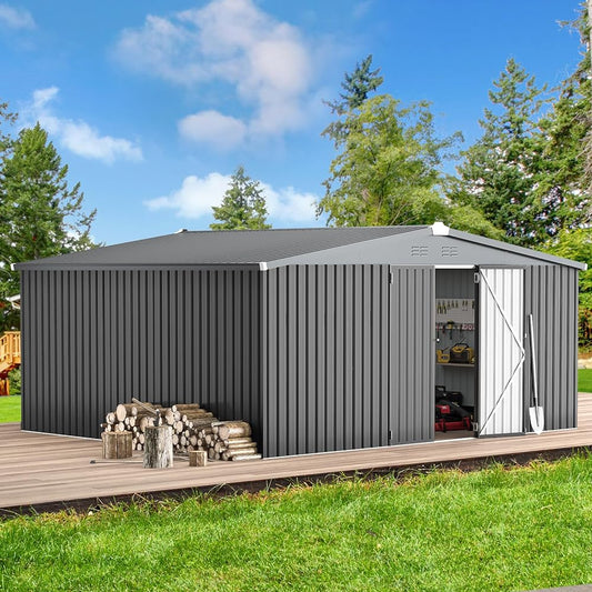 AECOJOY 14' x 12' Outdoor Storage Shed with Lockable Door Patio Metal Garden Storage Building in Dark Gray for Outside