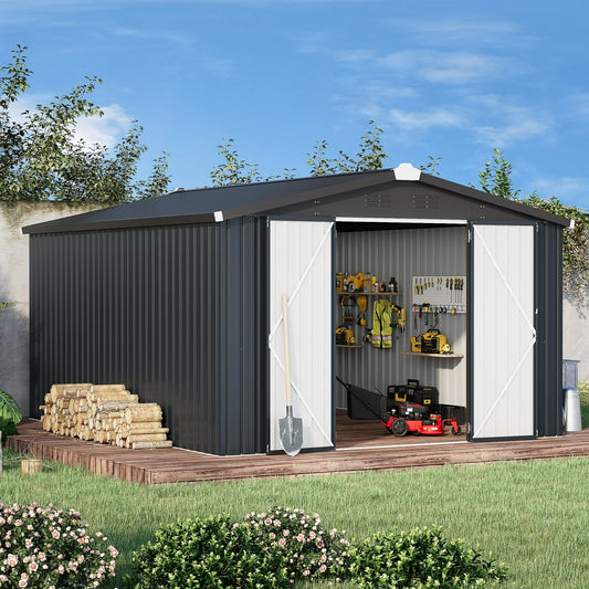 AECOJOY 10' x 14' Outdoor Storage Shed with Lockable Door Patio Metal Garden Storage Building in Dark Gray for Outside