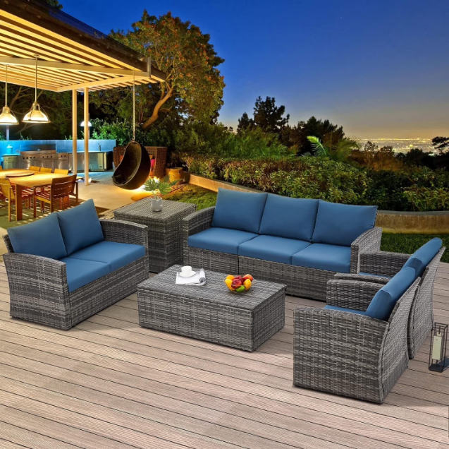 AECOJOY 7 Pieces Patio Furniture Set with Two Storage Boxes, Outdoor Rattan Conversation Set,All-Weather PE Wicker Sectional Sofa Outdoor Furniture for Garden, Deck, Grey Rattan&Dark Blue