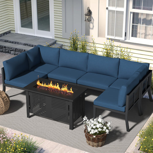 YODOLLA 7 Pieces Metal Outdoor Conversation Sets with Cushions and 30" Fire Pit Table, Blue