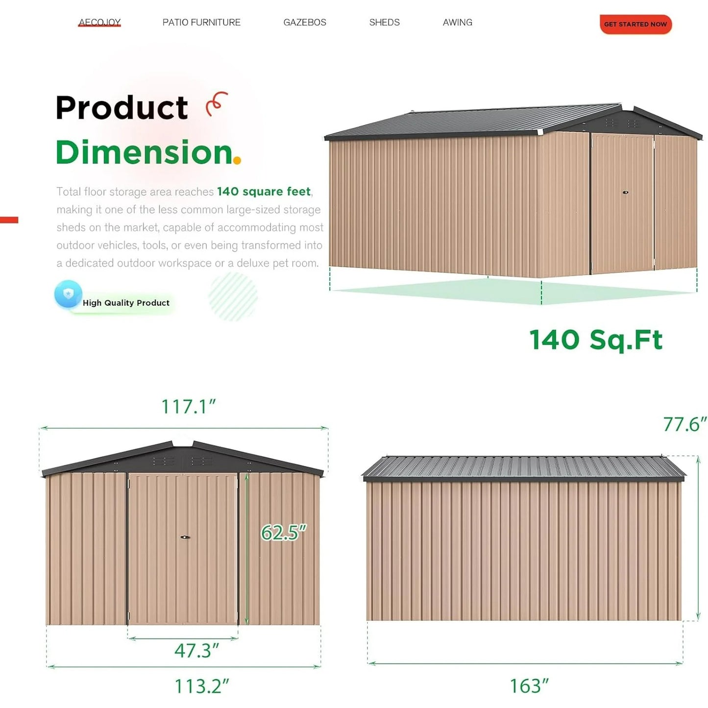 AECOJOY 10' x 14' Outdoor Storage Shed with Lockable Door Patio Metal Garden Storage Building in Brown for Outside