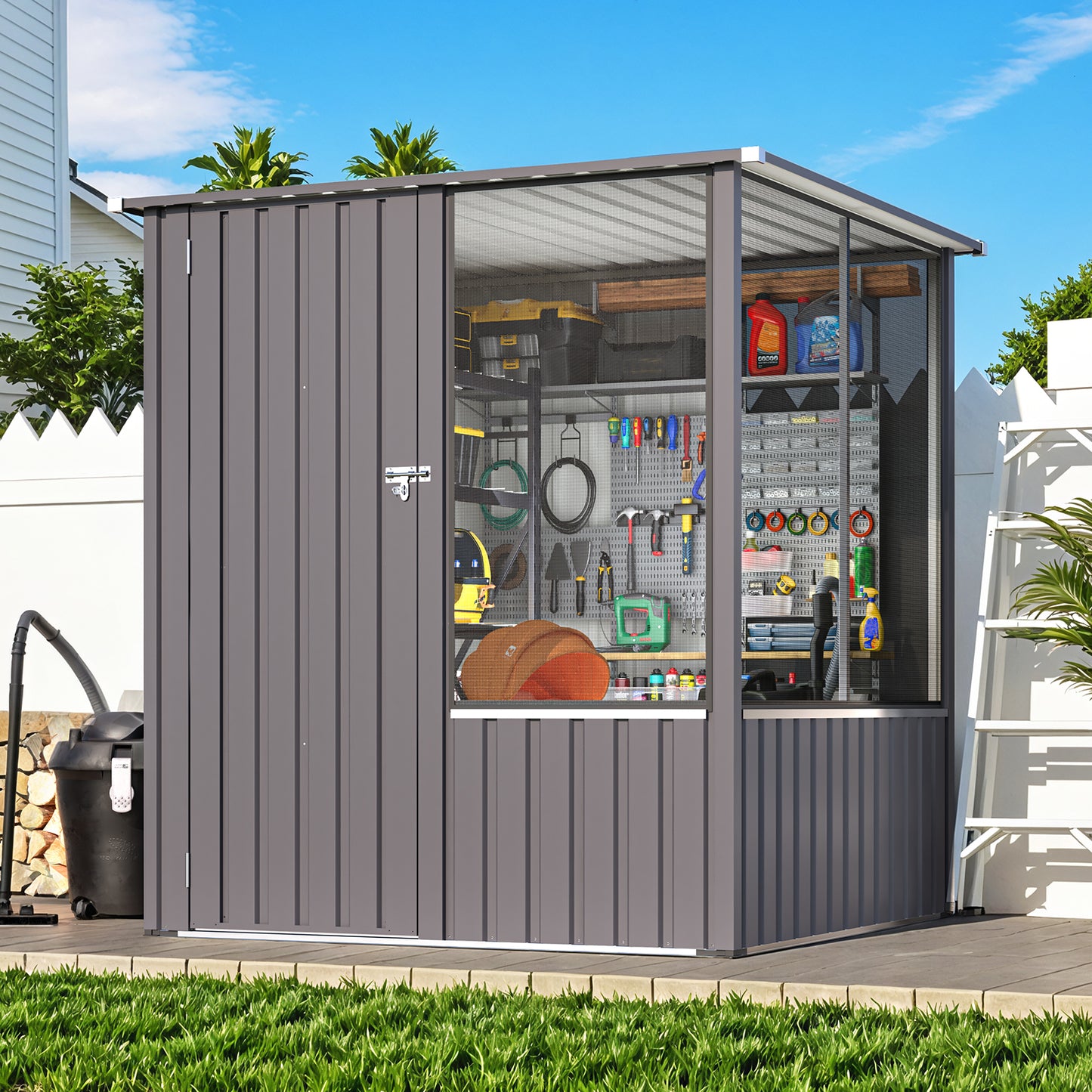 AECOJOY 5 x 5 ft Outdoor Metal Storage Shed with Lockable Door and Ventilated Mesh for Backyard & Patio Use in Dark Grey