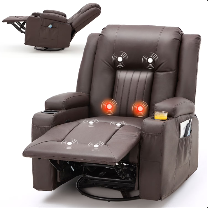 YODOLLA Massage Manual Recliner Chair with Heat and Vibration Massage, PU Leather Swivel Rocker Recliner Chair for Adults with 2 Cup Holders, Remote Control-Brown