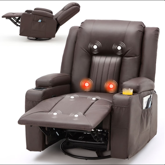 YODOLLA Massage Manual Recliner Chair with Heat and Vibration Massage, PU Leather Swivel Rocker Recliner Chair for Adults with 2 Cup Holders, Remote Control-Brown