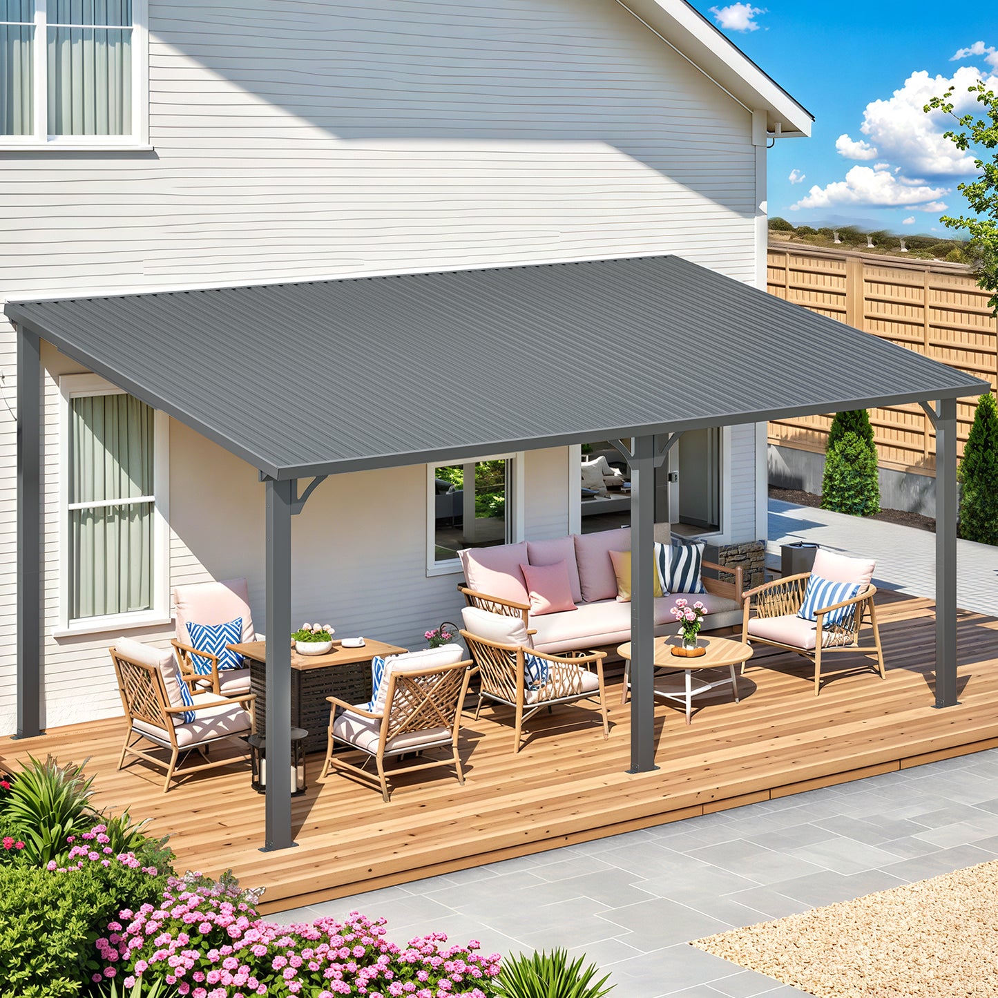 AECOJOY 16' x 10' Hardtop Patio Gazebo Wall Mounted, Heavy Duty Outdoor Pergola on Clearance with Galvanized Steel Roof, Waterproof Metal Grill Gazebo for Backyard