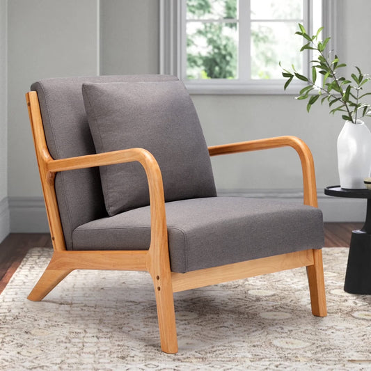 YODOLLA Mid Century Grey Fabric Accent Chair with Wooden Armrests & Cushio