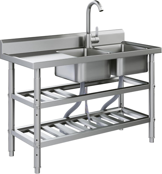 AECOJOY Stainless Steel Utility Sink,Freestanding Double Bowl Laundry Sink with Shelf Board,Outdoor Sink with Hose Hookup for Restaurant, Laundry Room, Garage, Commercial Kitchen
