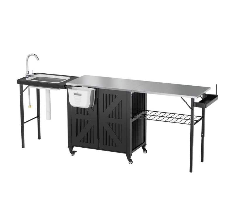 JFHID Outdoor Grill Cart Table with Sink,Porable Folding Stainless Steel Prep Station with Storage Cabinet,Waterproof Cover Included
