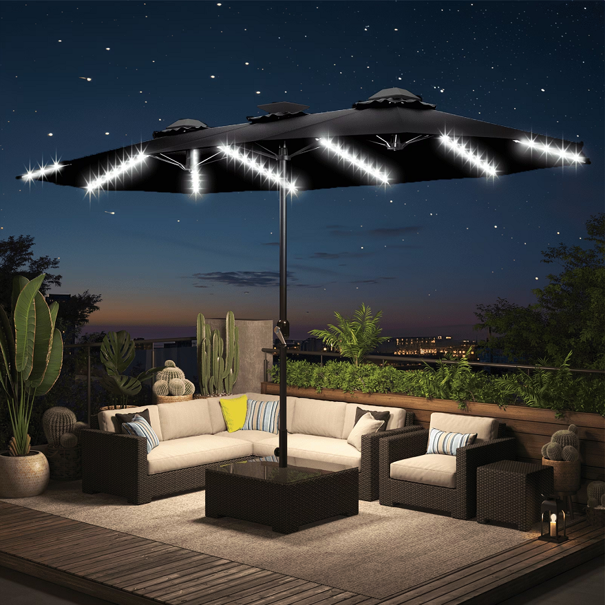 AECOJOY 15ft Patio Umbrella with Solar Lights, Large Double Umbrella Outdoor Patio, Rectangle TableUmbrella with 156 PCS LED Lights and Crank Handle for Backyard Deck Pool Shade in Black
