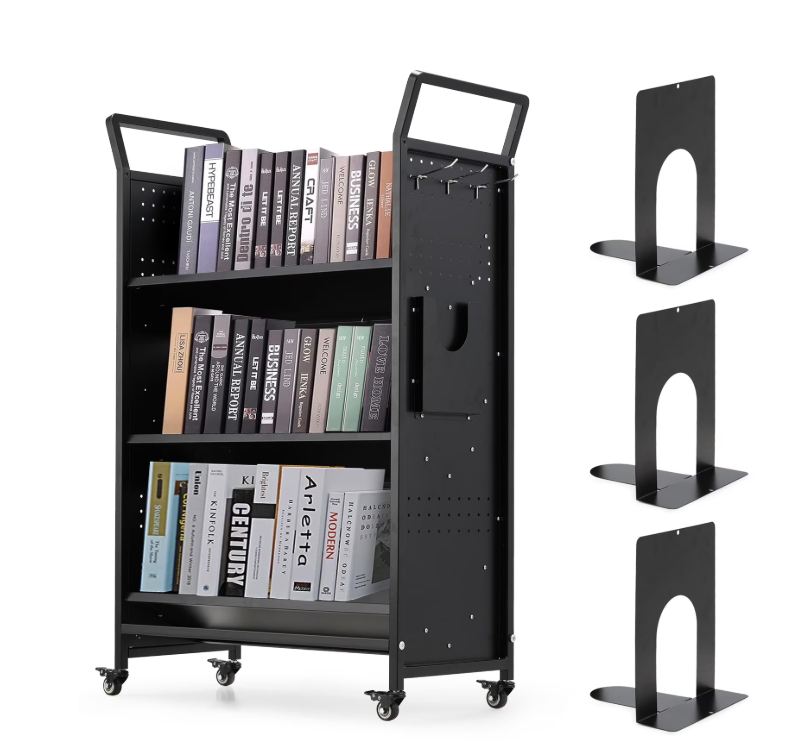 YODOLLA Book Cart with Wheels 352LBS Organization Cart with V-Shaped Shelves,Hooks, Stands, Unilateral Placement, Single Sided 3 Tier Cart for Libraries, Bookstores, Offices