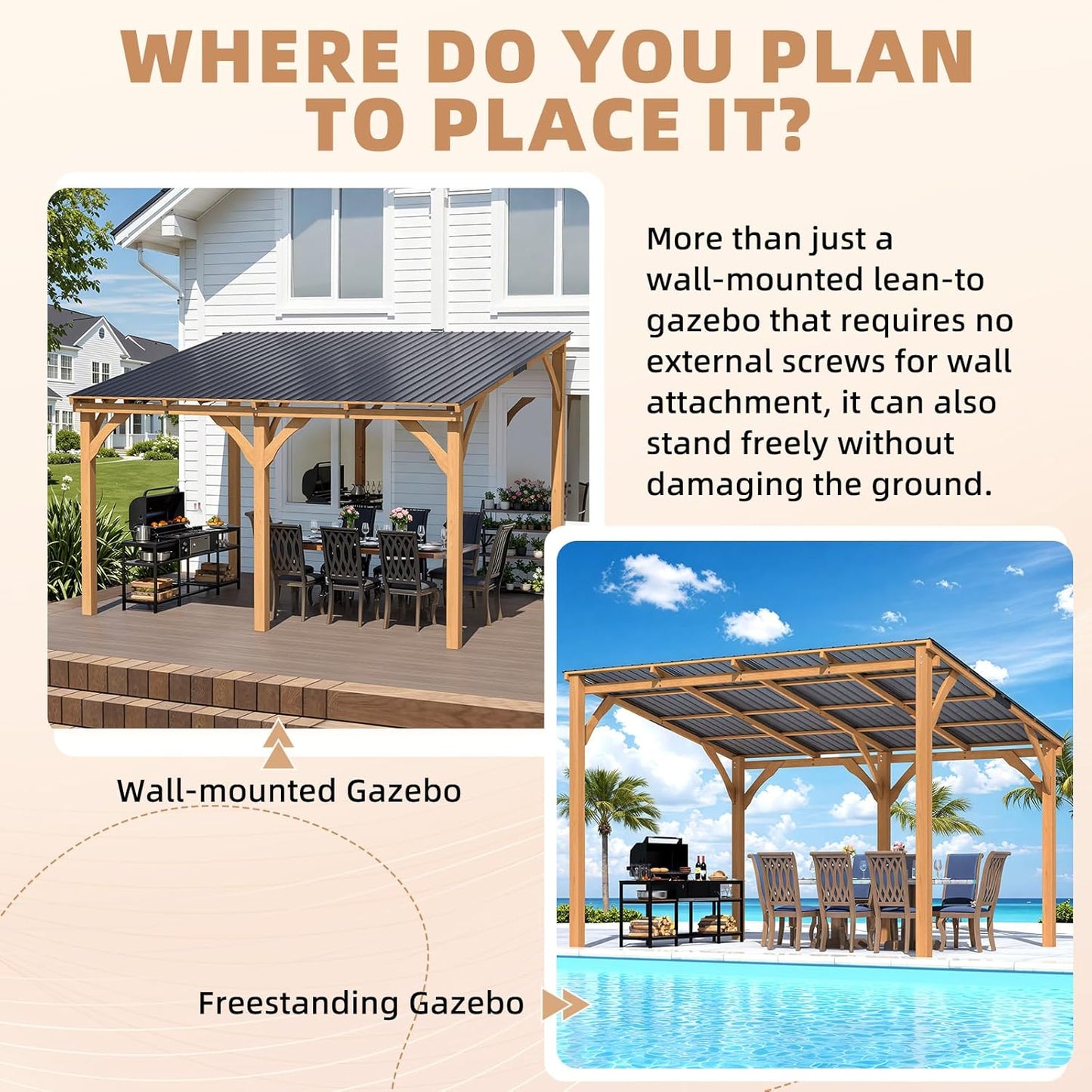 YODOLLA 12' x 10' Wall-Mounted Outdoor Wood Gazebo, Hardtop Cedar Pergola with Heavy-Duty Awnings for Patio, Deck, Backyard
