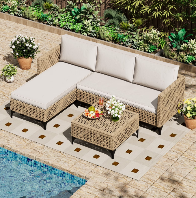 YODOLLA Outdoor Patio Furniture Set,All Weather Wicker Rattan Sectional Sofa, Patio Conversation Set with Cushions & Glass Coffee Table for Backyard Porch Garden Balcony, Brown,Beige