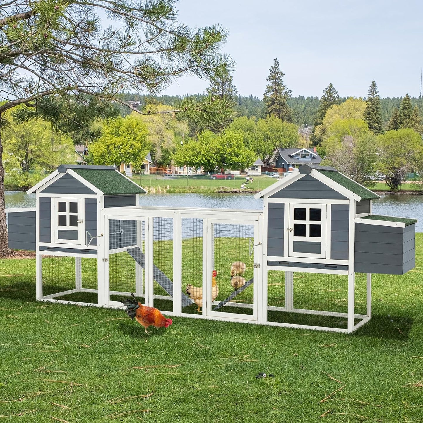 AECOJOY Chicken Coop, Large Wooden Hen House with Run and Removable Trays for 4–6 Chickens, Gray
