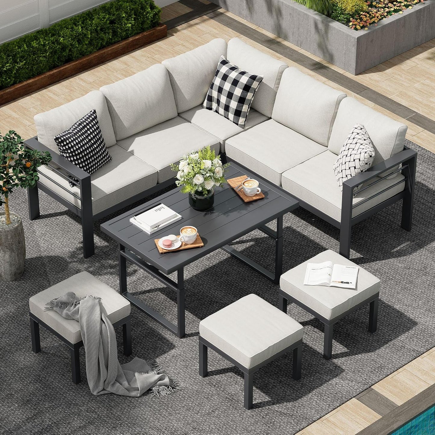 AECOJOY Outdoor Furniture Sets Clearance, Aluminum Patio Furniture Sets on sale, Metal Patio Sets, Outdoor Conversation Sets, Outdoor Sectional Sofa for Lawn,Light Grey