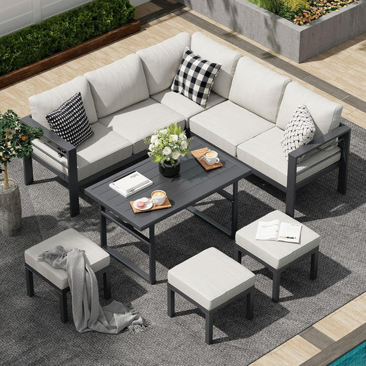 AECOJOY Outdoor Furniture Sets Clearance, Aluminum Patio Furniture Sets on sale, Metal Patio Sets, Outdoor Conversation Sets, Outdoor Sectional Sofa for Lawn,Light Grey