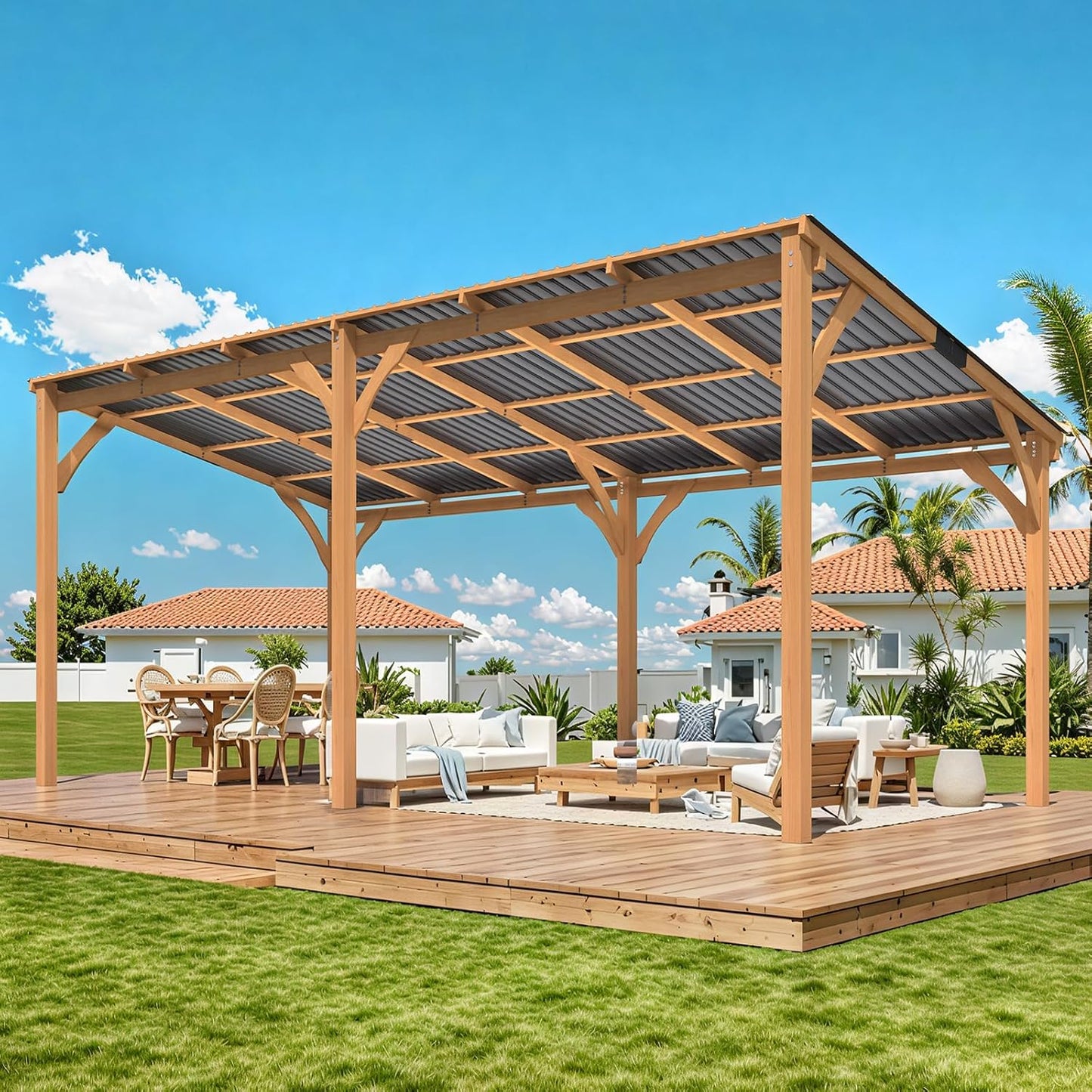 YODOLLA 20' x 10' Wall-Mounted Outdoor Wood Gazebo, Hardtop Cedar Pergola with Heavy-Duty Awnings for Patio, Deck, Backyard