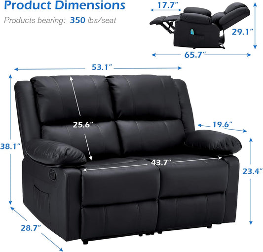 YODOLLA 2 Seat Leather Recliner Sofa with Massage Heated Function, Home Theater Seating Massage Reclining Loveseat Chair in Black