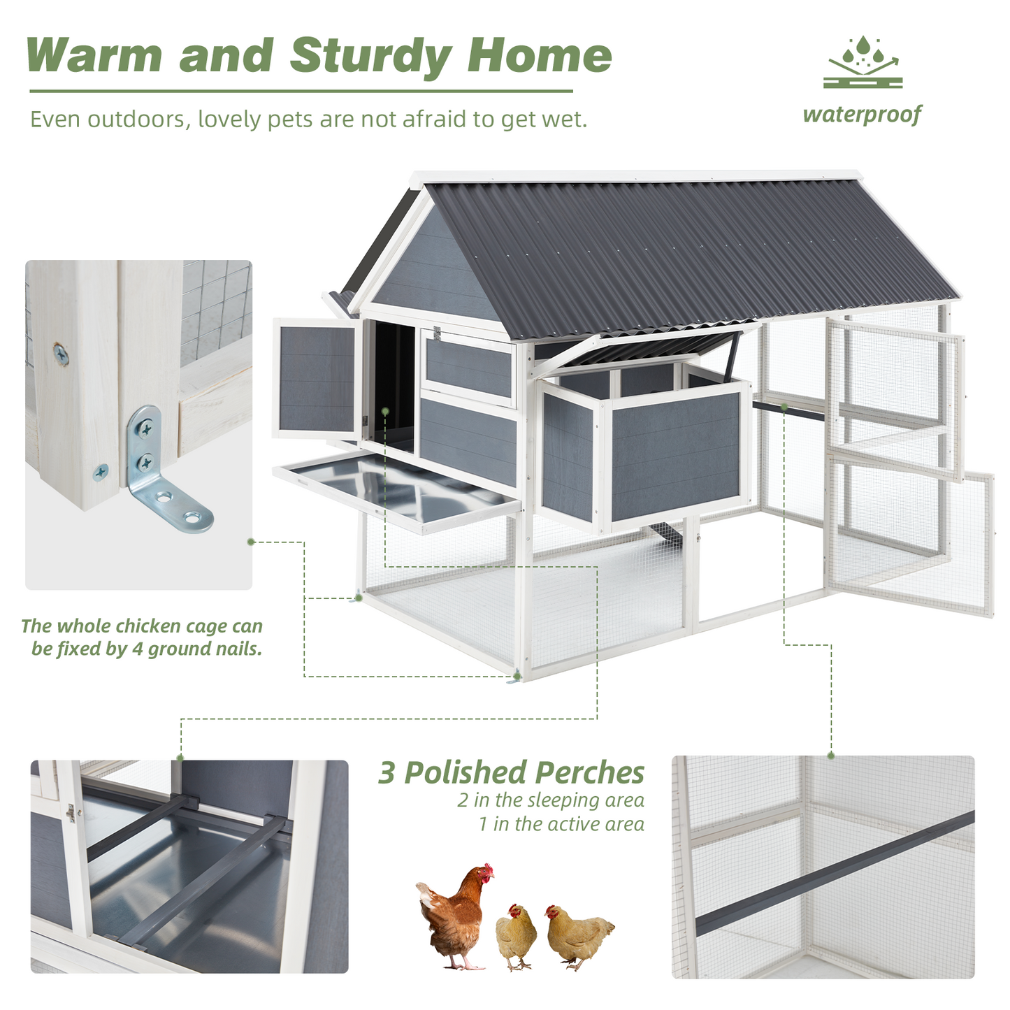 YODOLLA 84” Outdoor Large Chicken Coop, Wooden Hen House Poultry Cage for 10 Chickens Walk in Chicken House with Run, Grey
