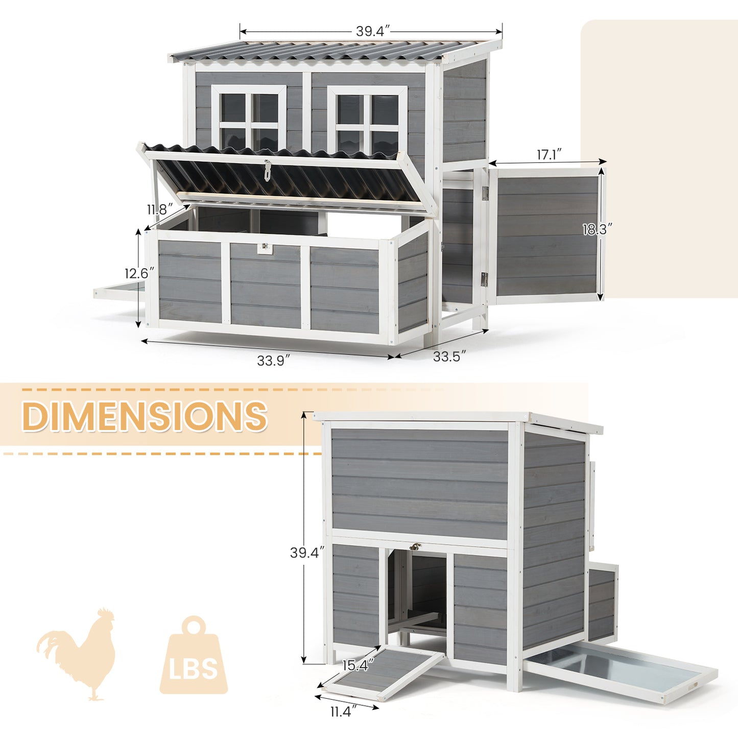 AECOJOY 40'' Large Wooden Chicken Coop with 3 Nesting Boxes, Outdoor Hen House Cage with Ramp and Removable Tray