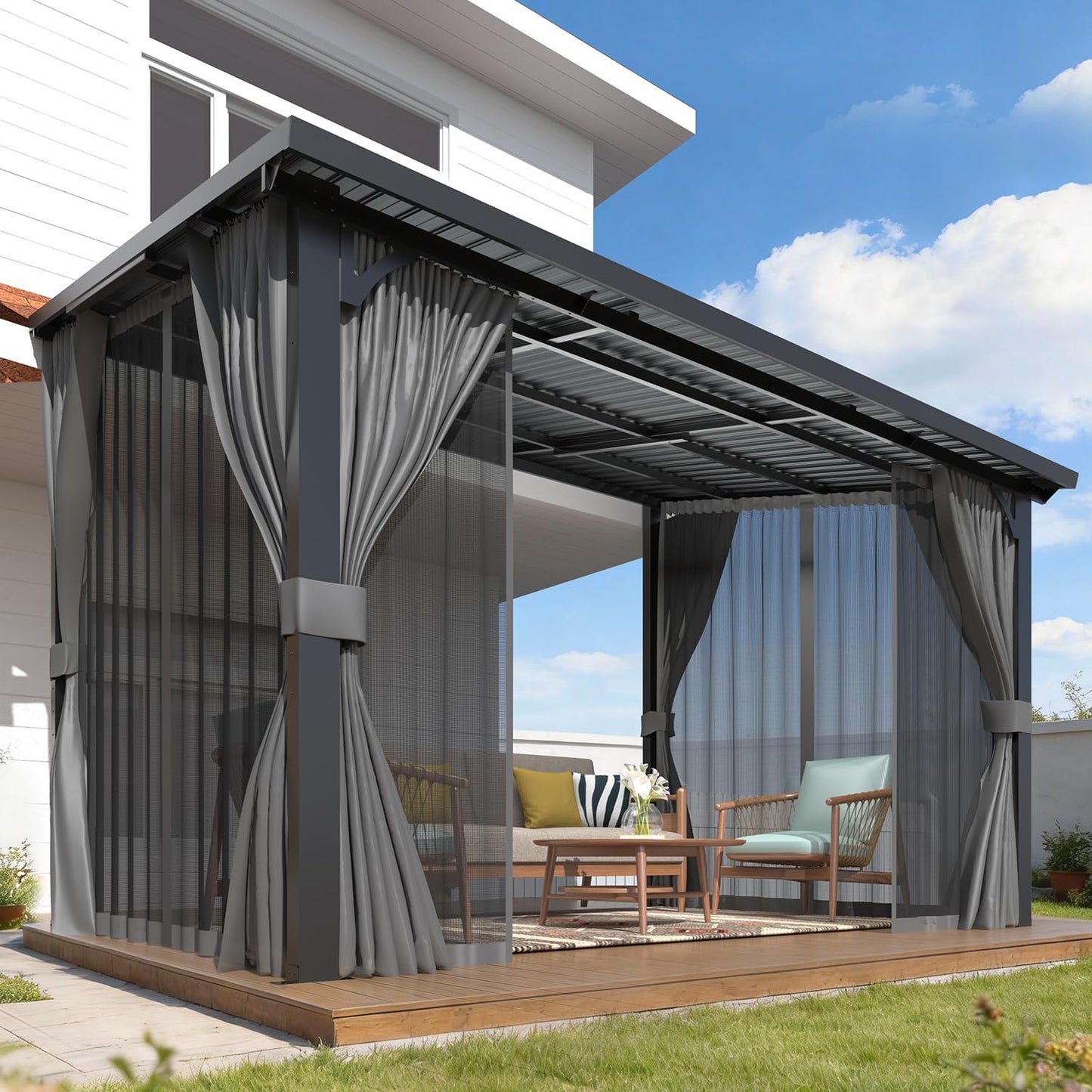 AECOJOY 12' x 8' Hardtop Patio Gazebo with Curtains and Netting, Wall Mounted Heavy Duty Outdoor Pergola on Clearance with Galvanized Steel Roof, Waterproof Metal Grill Gazebo for Backyard