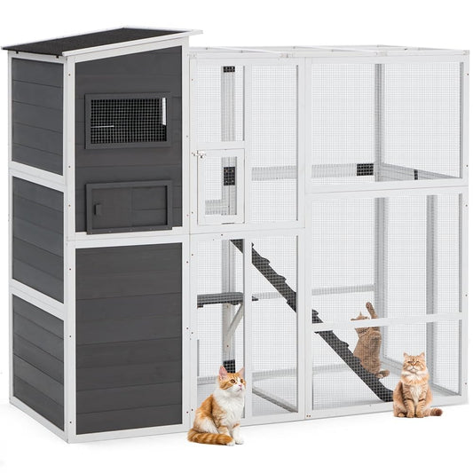 YODOLLA 70'' H Large Wooden Catio Outdoor Cat Enclosure Walk-in Cat House with Run Cat Cage, Catio Playpen for Lounging, Wooden House, Gray