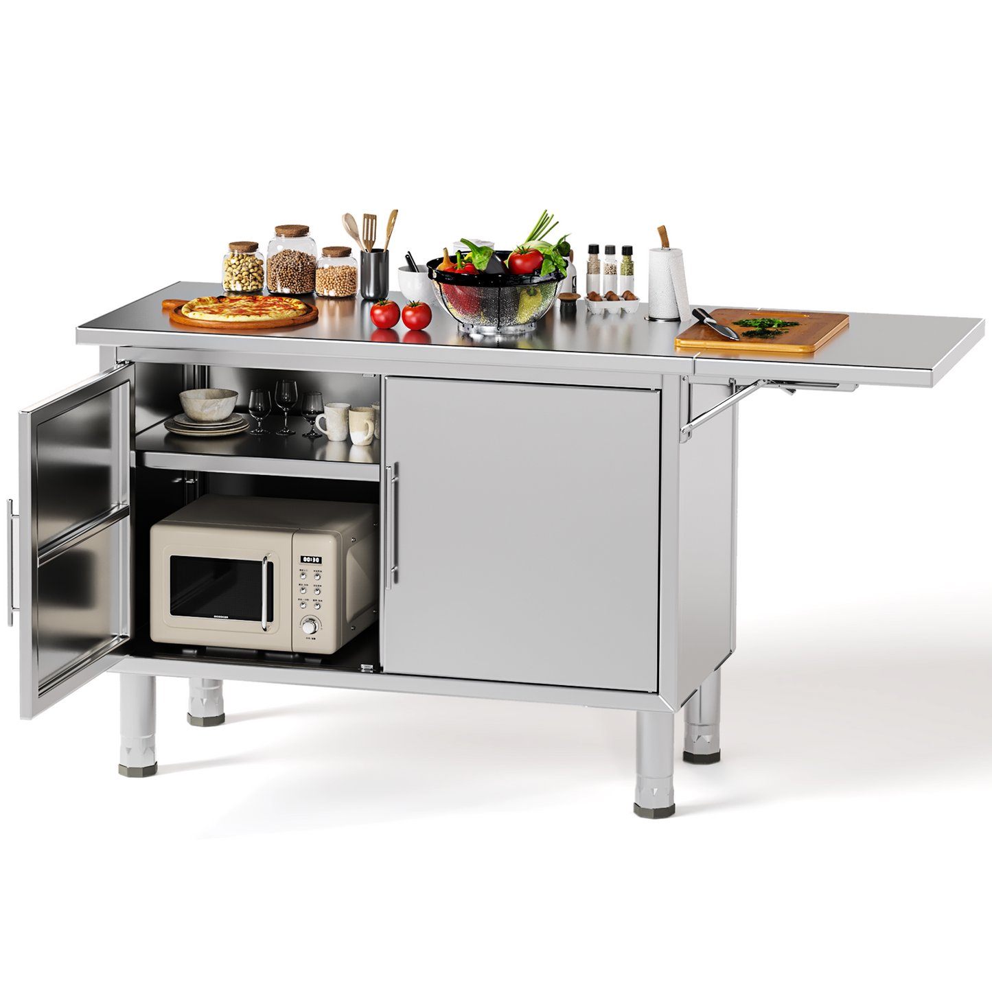 AECOJOY 57"x20" Stainless Steel Table,Stainless Steel Kitchen Cabinets with Extend Panel & Adjustable Shelf Heavy-Duty Kitchen Prep Table Workbench for Home