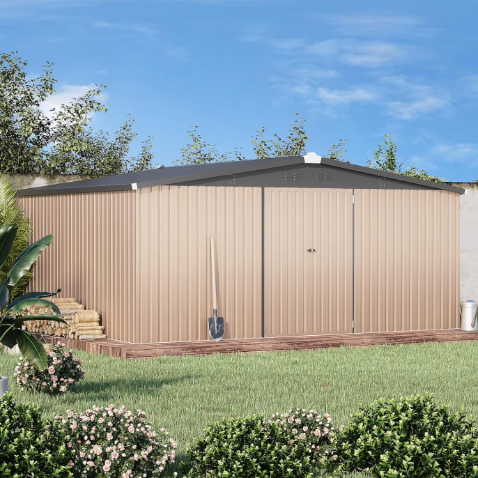 AECOJOY 14' x 12' Outdoor Storage Shed with Lockable Door Patio Metal Garden Storage Building in Brown for Outside