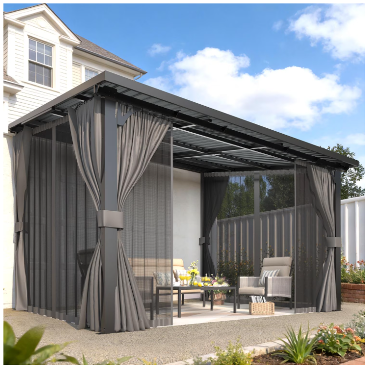 AECOJOY 12' x 10' Hardtop Patio Gazebo with Curtains and Netting, Wall Mounted Heavy Duty Outdoor Pergola on Clearance with Galvanized Steel Roof, Waterproof Metal Grill Gazebo for Backyard