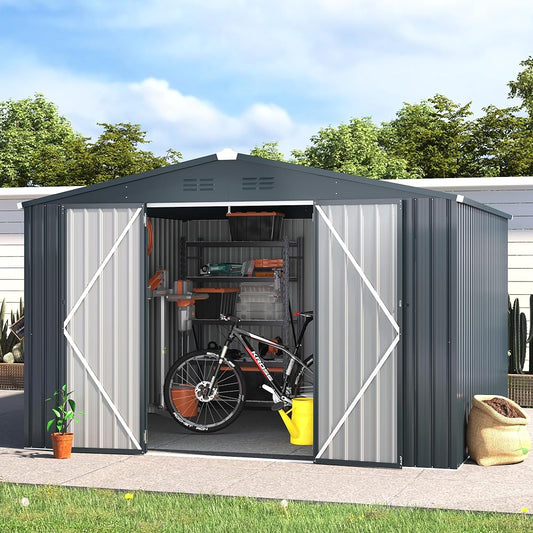 AECOJOY 10' x 10' Outdoor Storage Shed with Lockable Door Patio Metal Garden Storage Building in Dark Gray for Outside
